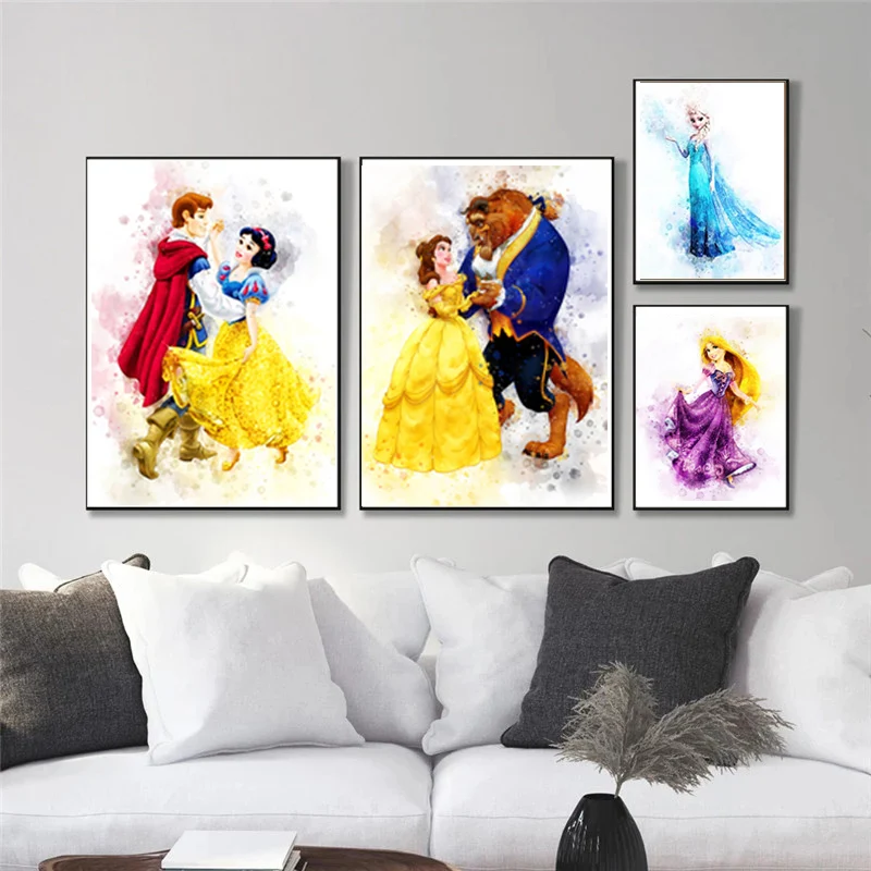 

Disney Эльза, Белль принцесса, алмазные картины, постеры и Мультяшные акварельные принты, настенные картины для гостиной, домашний декор