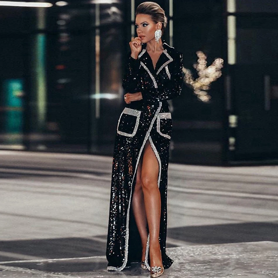 Модное летнее Женское пальто черное с блестками V глубокий длинный рукав