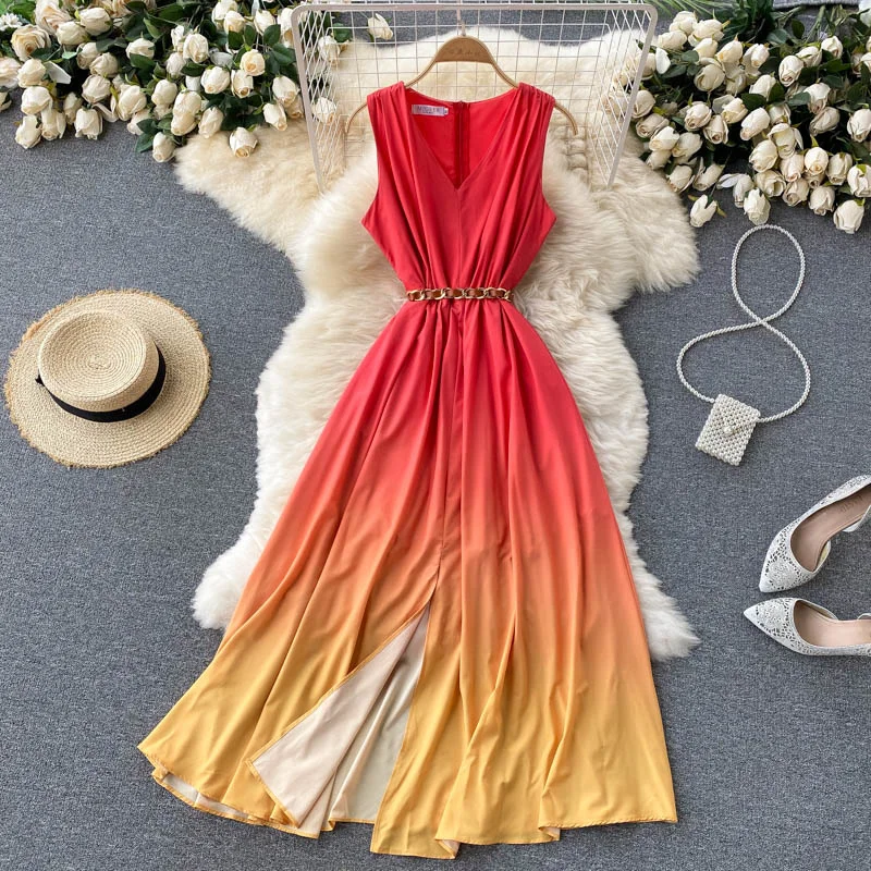 

Women Summer Elegant Tank Dress Festa Female High Quality Long Vinatge Party Robe Femme V-Neck Designer A-Line Vestidos