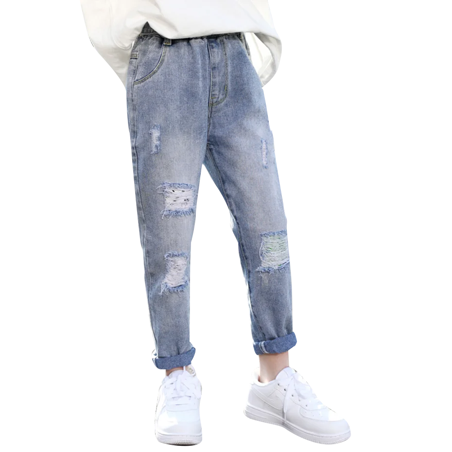 

Jeans For Girls Hole Girls Ripped Jeans Pants Elastic Waist Children's Jeans For Girls Mid Wiat Clothes For Girls 6 8 10 12 14