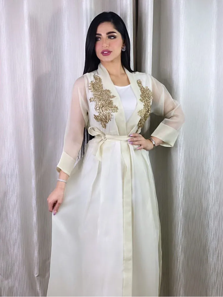 

Женский комплект Abayas из 2 предметов, длинное кимоно с 3D вышивкой и жилетом, умеренная мусульманская Мода, Дубай, Арабская одежда Eid