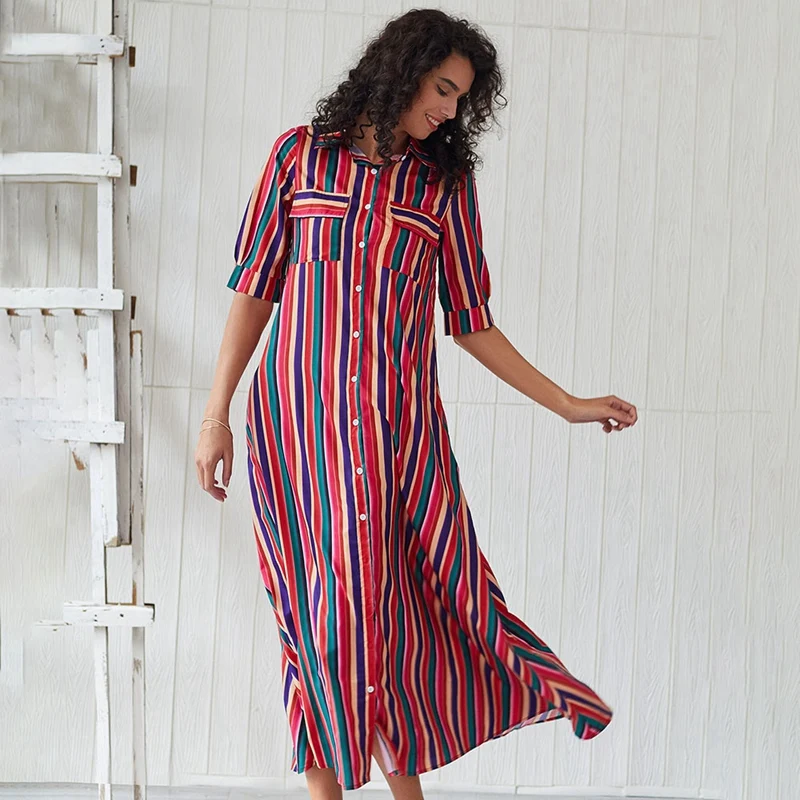 

Women Summer Dress Long Maxi Dress Bohemian Short Sleeve Beach Striped Dress