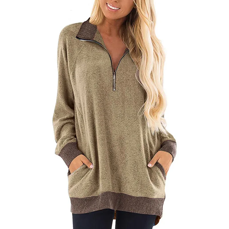

Top Women's t-shirts spring and summer traf casual harajuku chest zipper pocket lapel long-sleeved sweater Women's t-shirts 13