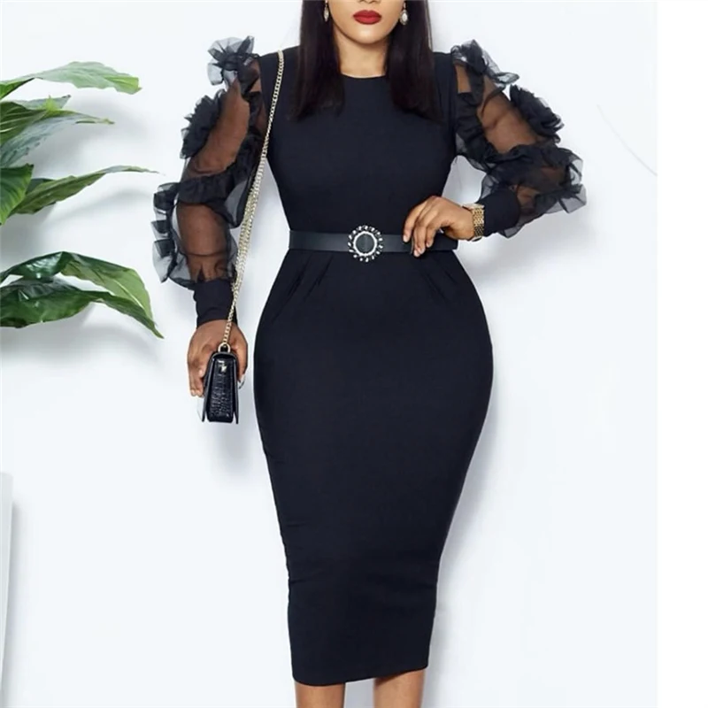 Black Dress O Neck Transparent Mesh Long Sleeves Ruffle Classy Women Elastic Elegant Office Ladies Modest Female African Fashion | Женская
