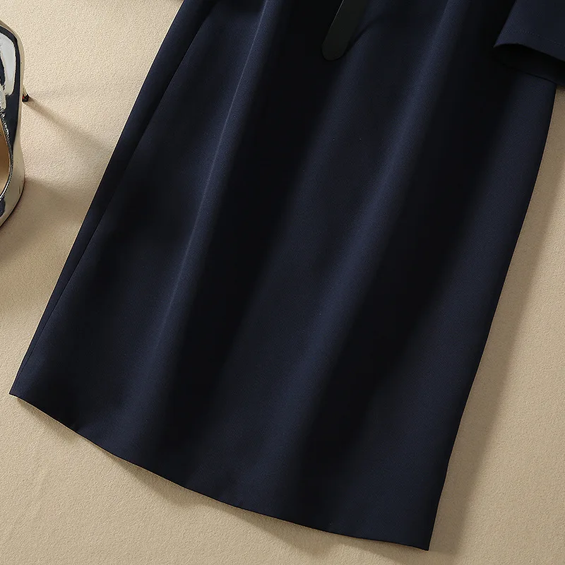

Elegant Women's Dress 2020 Spring Autumn Women Double Layer Collar Crytal Beading Long Sleeve Mid-Calf Bodycon Dress Dark Blue
