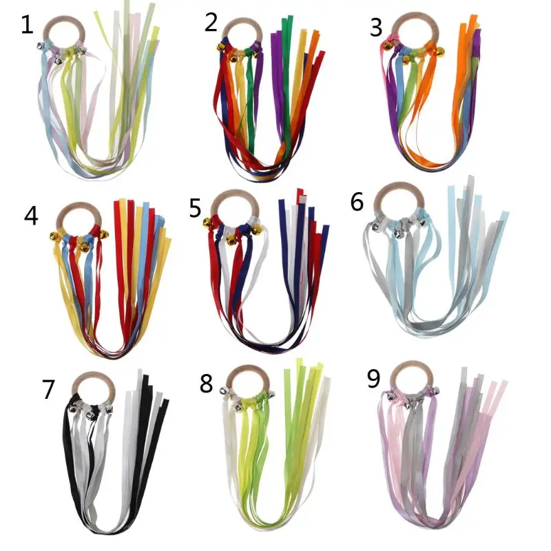 

Rainbow Natural Wooden Ribbon Rattle Ring Baby Teether Newborn Montessori Style Sensory Toy Shower Gift length 48.5cm