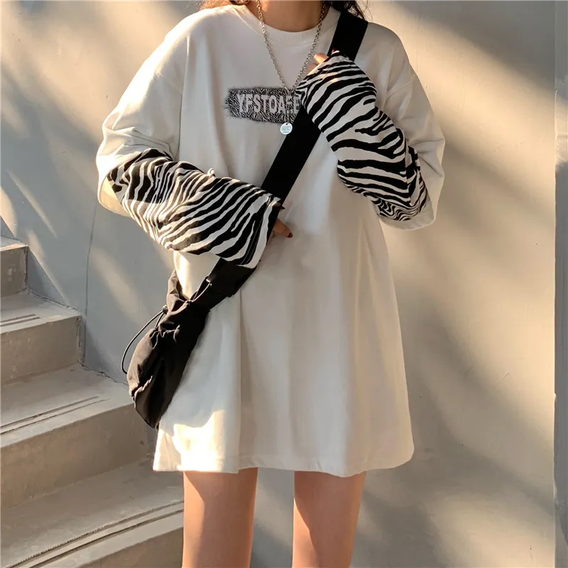 

EBAIHUI Zebra Pattern Long Sleeve T Shirt Fake Two Pieces Tops Letter Print Oversized Streetwear Spring Autumn Sweatshirts