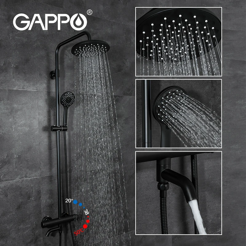 

Gappo Black Shower Faucets Thermostatic Bathroom Mixer Brass Faucet Thermostat Rainfall Shower System G2490-6