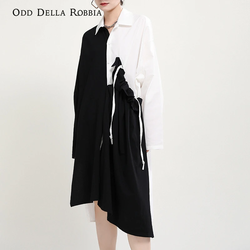 

OddDellaRobbia Spring Women Fashion Dress Black And White Stitching Mid-Length Shirt Skirt Symmetrical Color Contrast Dress 1676