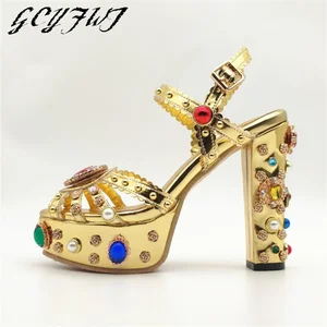 Gold Genuine Leather Luxury Crystal Women Sandals Open Toe High Heel Sexy Female Shoes Strap Dress O in India