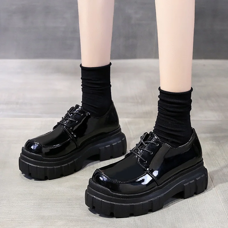

Casual Woman Shoe British Style Shallow Mouth Oxfords Black Flats Female Footwear Autumn Round Toe Clogs Platform Preppy Leather