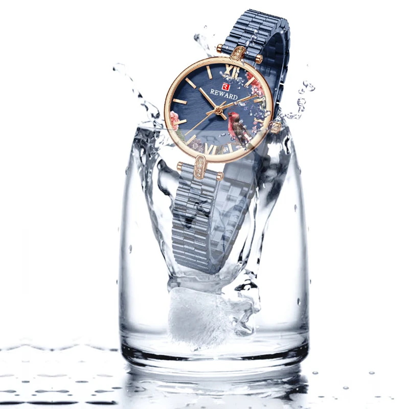 REWARD Luxury Women Watch Top Brand Stainless Steel Wrist Watches For Woman Rhinestone Quartz Ladies Clock Hign End Female Gift