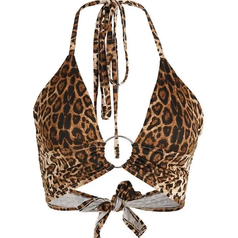

Summer New Style Sexy Cool Delicate Temperament Women's Leopard Printed Sling Halter Tops Backless Coffee Color Comfortable Tops