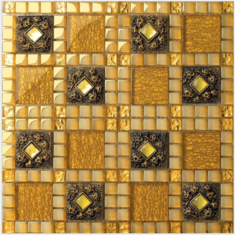 

Crystal Yellow Gold Glass Backsplash Tiles Glass Resin Mirror Diamond Kitchen Bathroom Mosaic Tiles HYM031