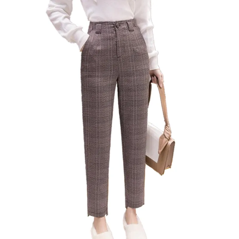 Женские шаровары в клетку Модные Винтажные брюки до щиколотки с высокой талией