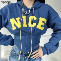 european and american ins fashion brand 2021 new womens fashion letter embroidery waist long sleeved hooded sweater women
