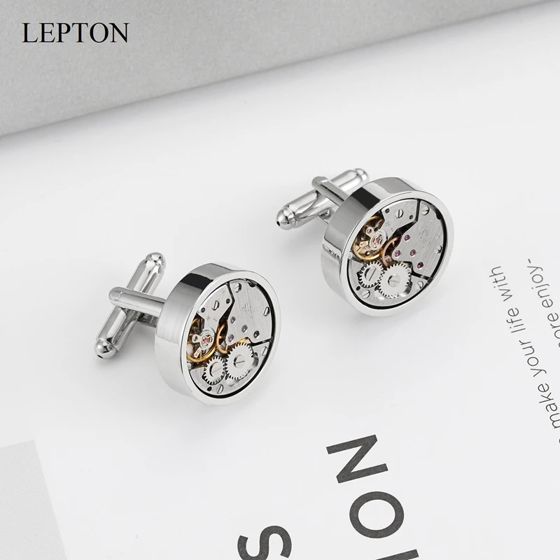 Lepton Watch Movement Cufflinks Wedding Groom Silver Color Round Steampunk Gear Watch Mechanism Cuff links for Mens Best Gift