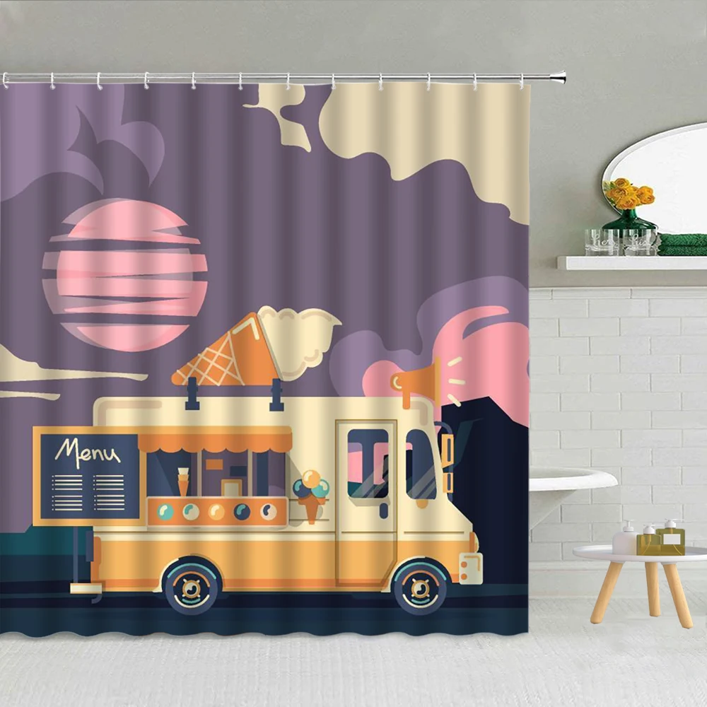 

Hand Drawn Summer Station Wagon Coconut Tree Shower Curtain Polyester Fabric High Quality Bath Screen With Hook Decor 3D Printed