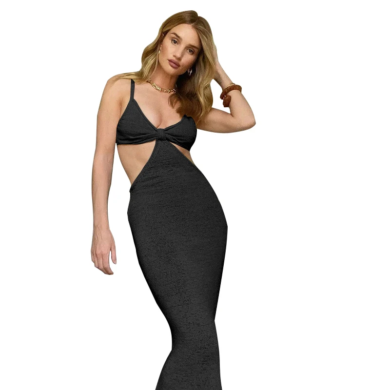 

Vacation Knitted Maxi Dresses For Women Summer 2021 Elegant Sexy Party Cut Out Backless Bodycon Dress