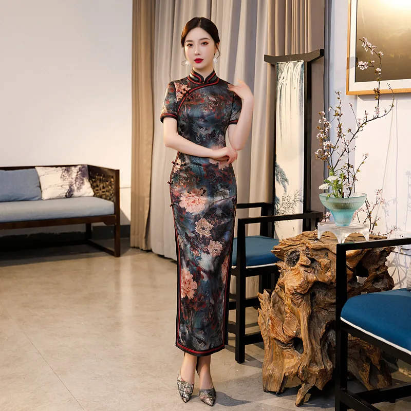 

Новинка, винтажное приталенное пикантное платье-Ципао на пуговицах с высоким разрезом, улучшенное Восточное китайское платье с воротником-...
