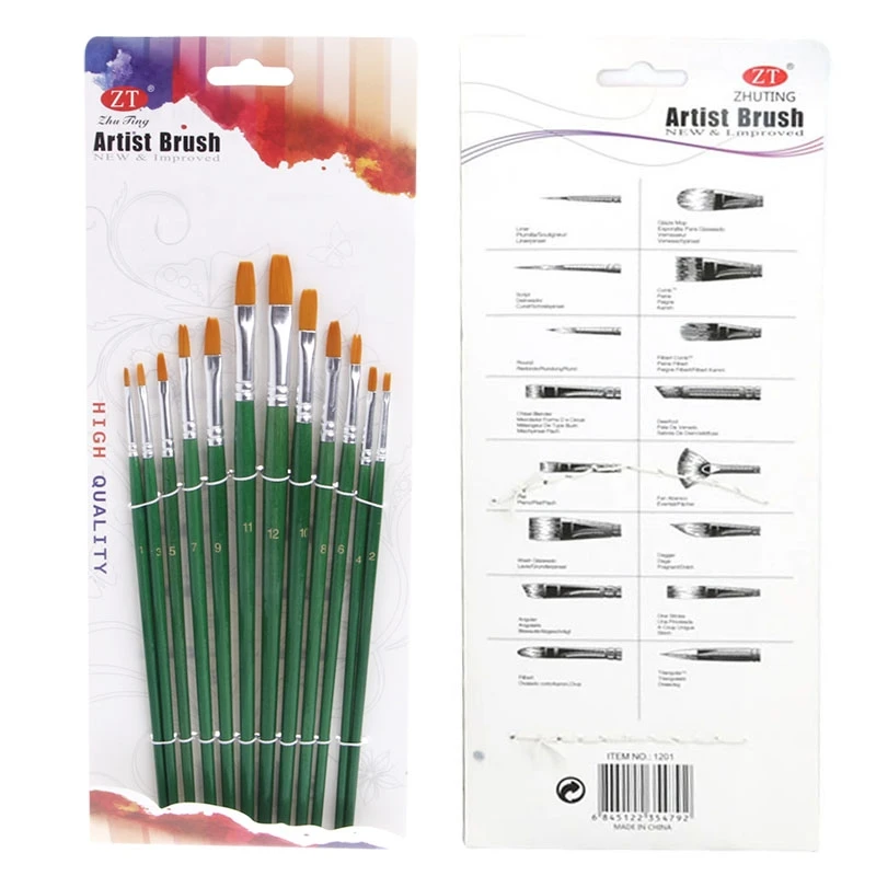 

12 Pcs Nylon Hair Brush Art Paint Full Sizes Watercolor Flat Head Artist Set New