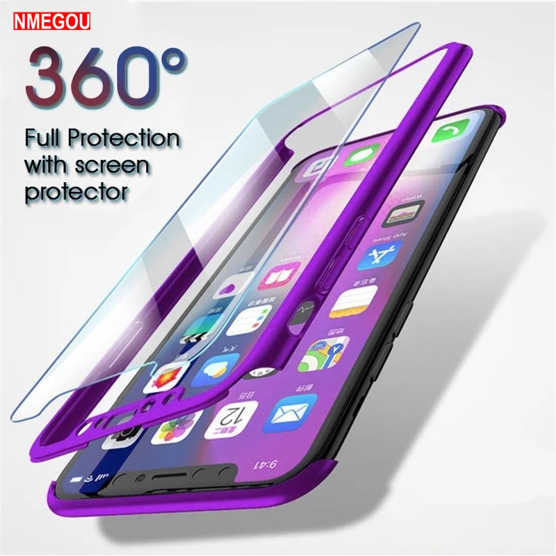 Защитный чехол с полным корпусом 360 + закаленное стекло для Iphone 5 5S SE 6 S 7 8 Plus X XR XS Max