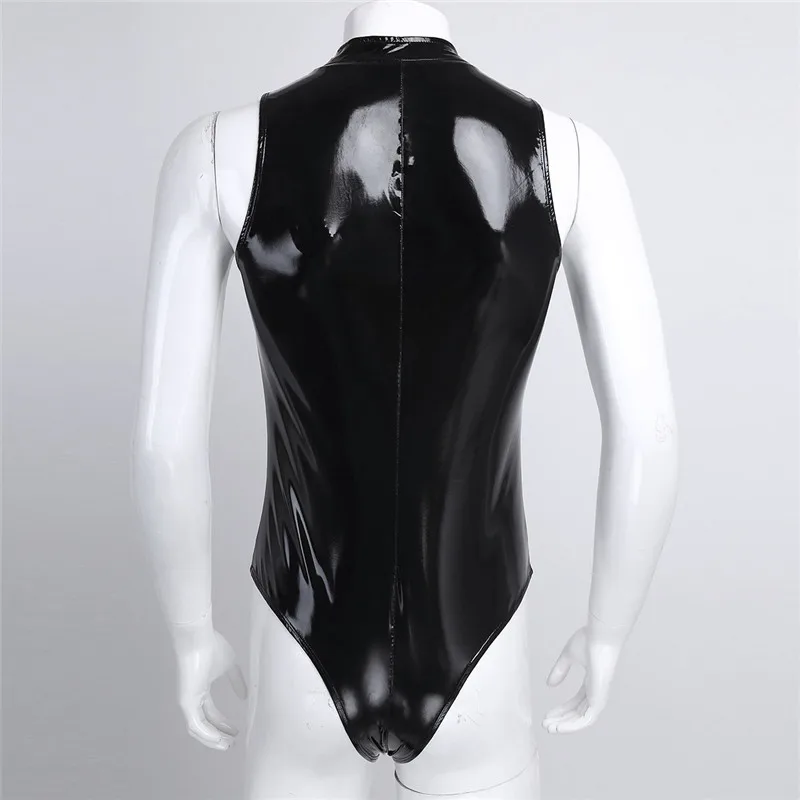 Мужской черный слитный купальник из лакированной кожи без рукавов сексуальный
