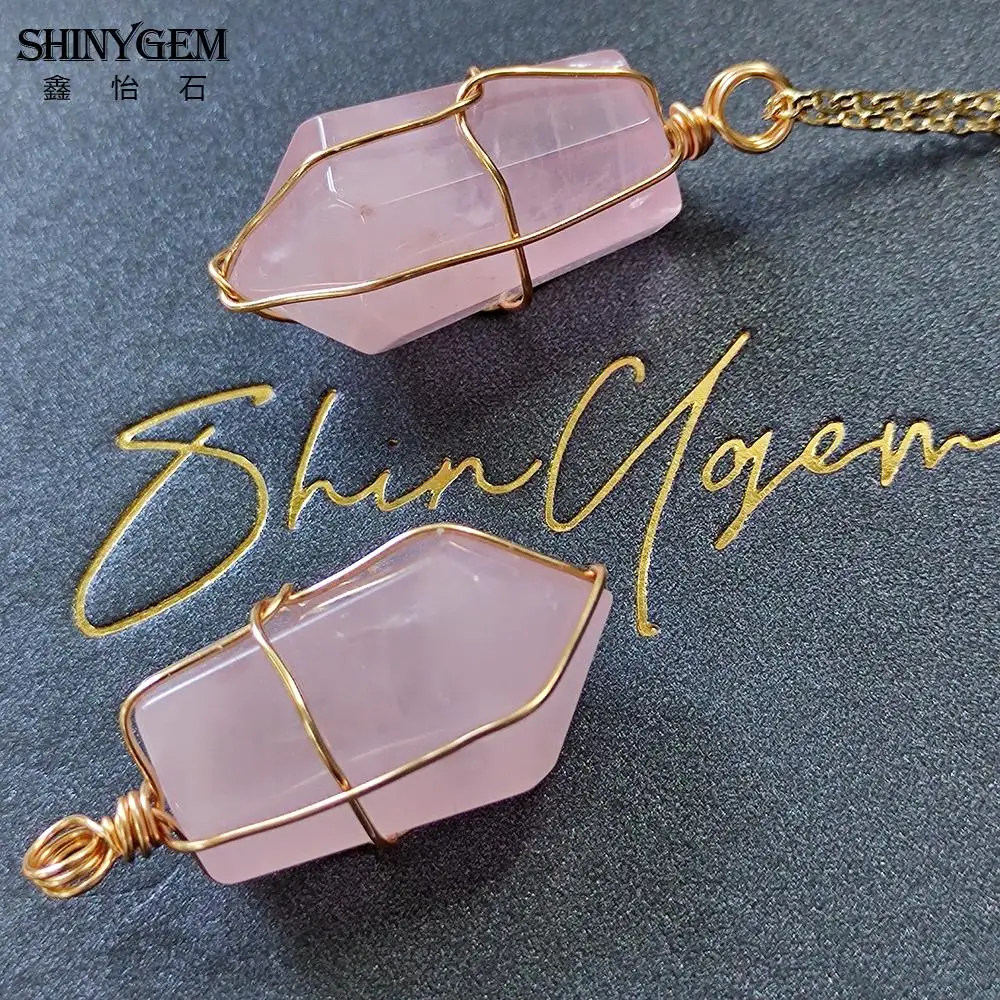 

Baroque Natural Rose Quartz Pendant Necklace 14K Electroplated Gold Wire Handmade Indefinite Shape Pink Crystal Fashion Ornament