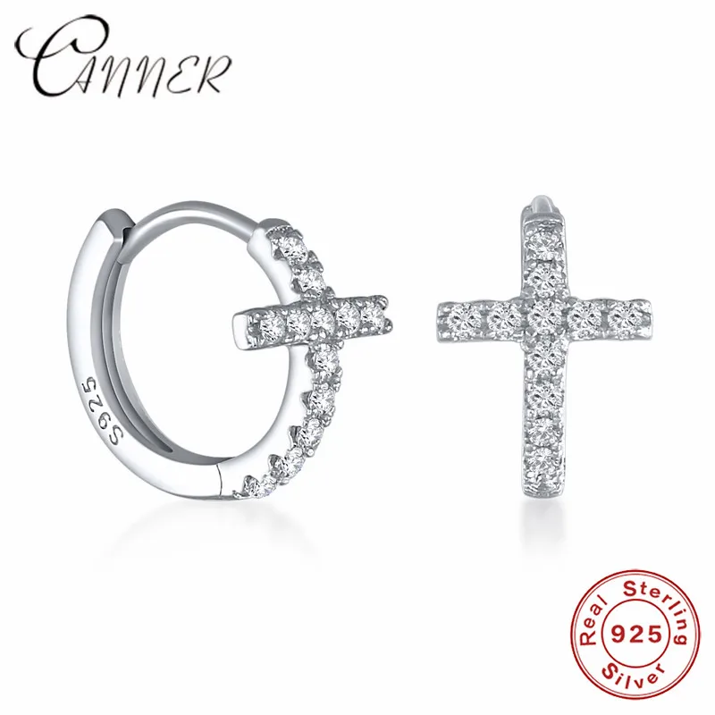 

CANNER Luxury Geometric Cross Earrings 925 Sterling Silver Mini Zircon Cross Stud Earrings for Women Brincos Party Bijoux Femme