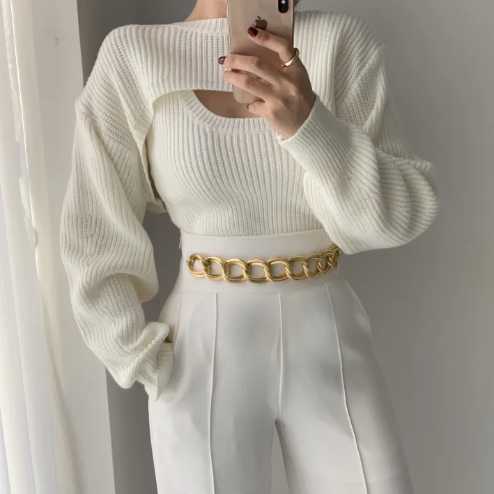 Корейский модный комплект из двух предметов Женский Топ с длинным рукавом + жилет