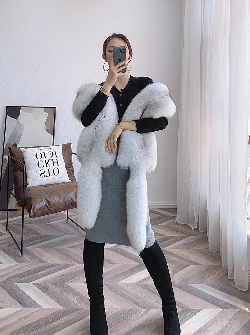 WGLUVF 2022 European and American whole fox fur shawl whole fur fur double-sided fur scarf men and women warm winter long scarf
