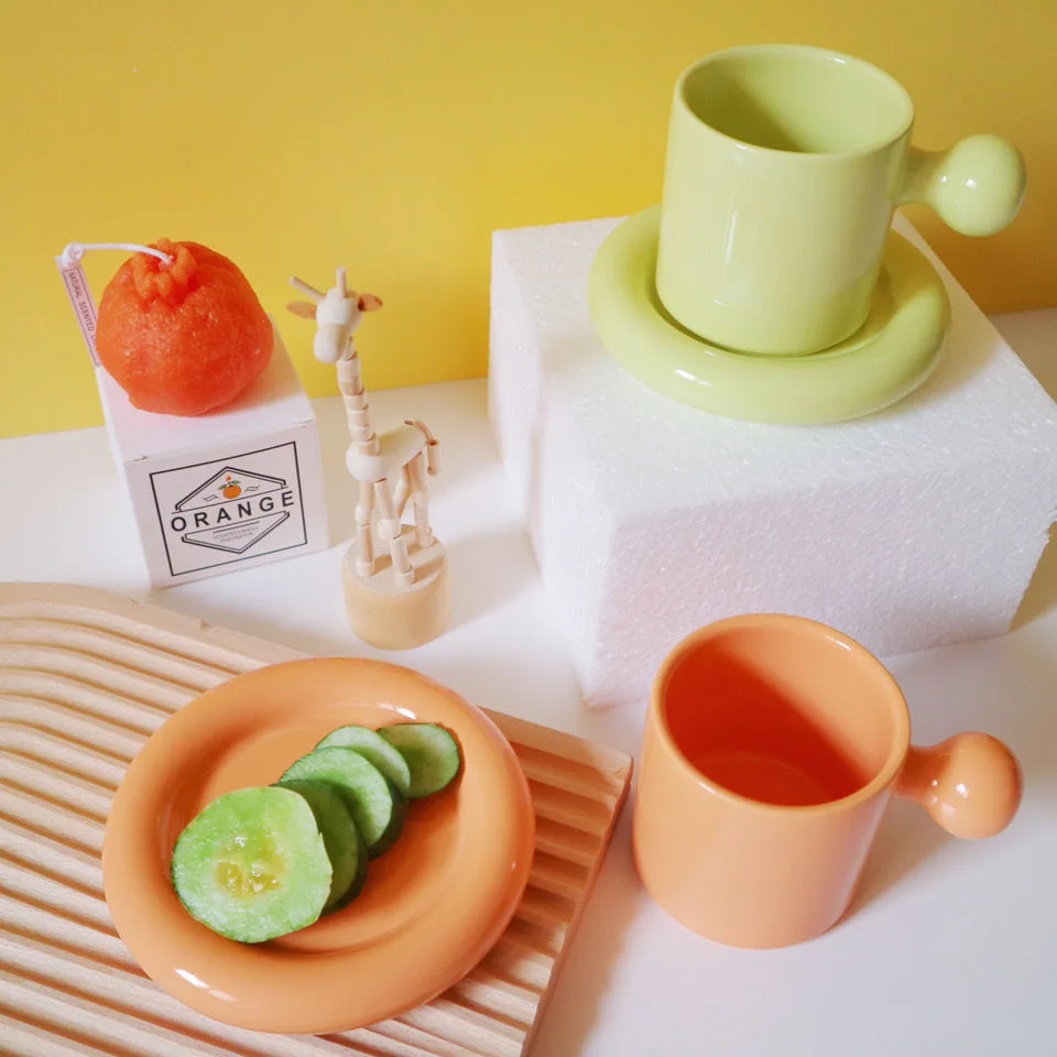 

Creative Cute Ceramic Mug with Saucer Home Decoration Combination Breakfast Cup Coffee Cup Coffee Mugs with Tray Ins Ball Handle