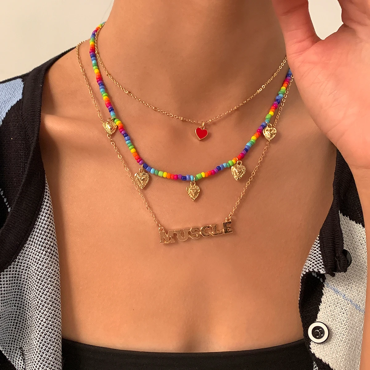 

IngeSight.Z Boho Love Heart Tassel Pendant Necklaces Multi Layered Rainbow Colorful Seed Beads Letter Choker Necklaces Jewelry