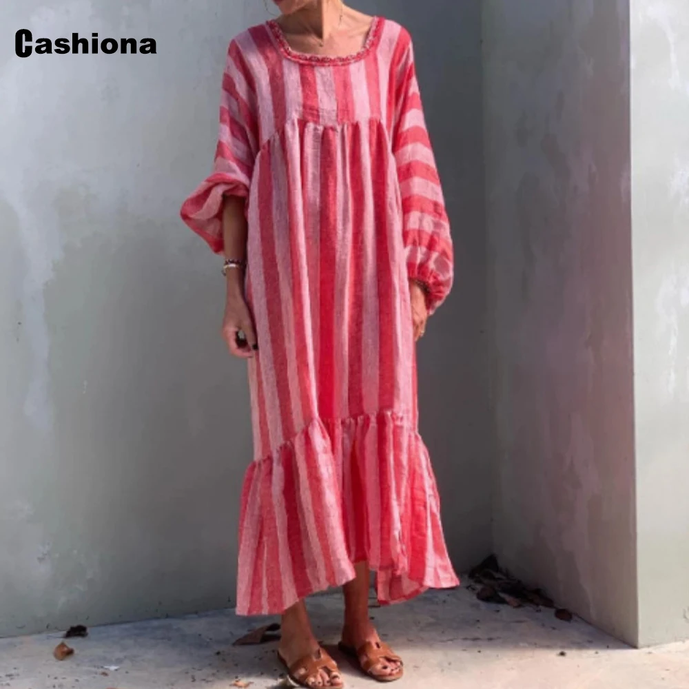 

Aimsnug 2021 Summer New Patchwork Striped Dress Womens Elegant Lantern Sleeve Dresses Plus size 3xl Female Bohemian Long Dress
