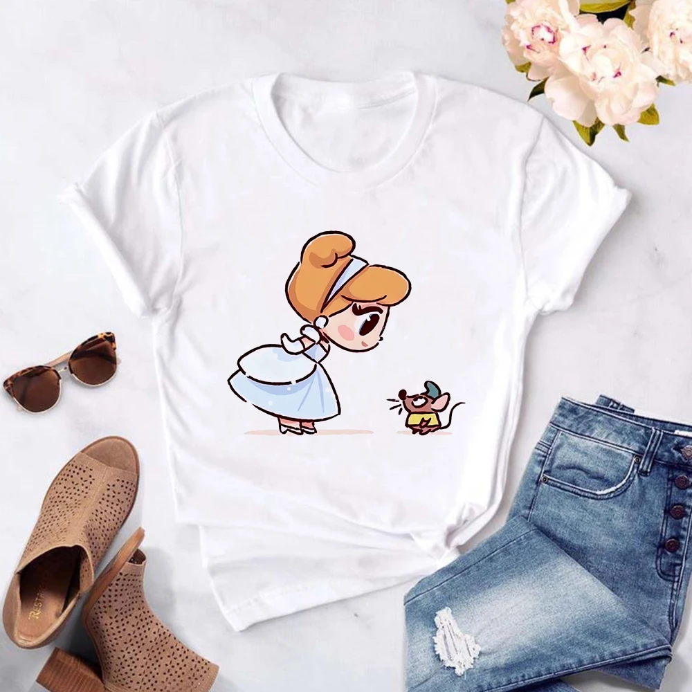 

Disney Q Series Princess Women T-shirt Creative Cartoon Short Sleeve Kawaii Cinderella Princess Printed Tshirt Clothes Top