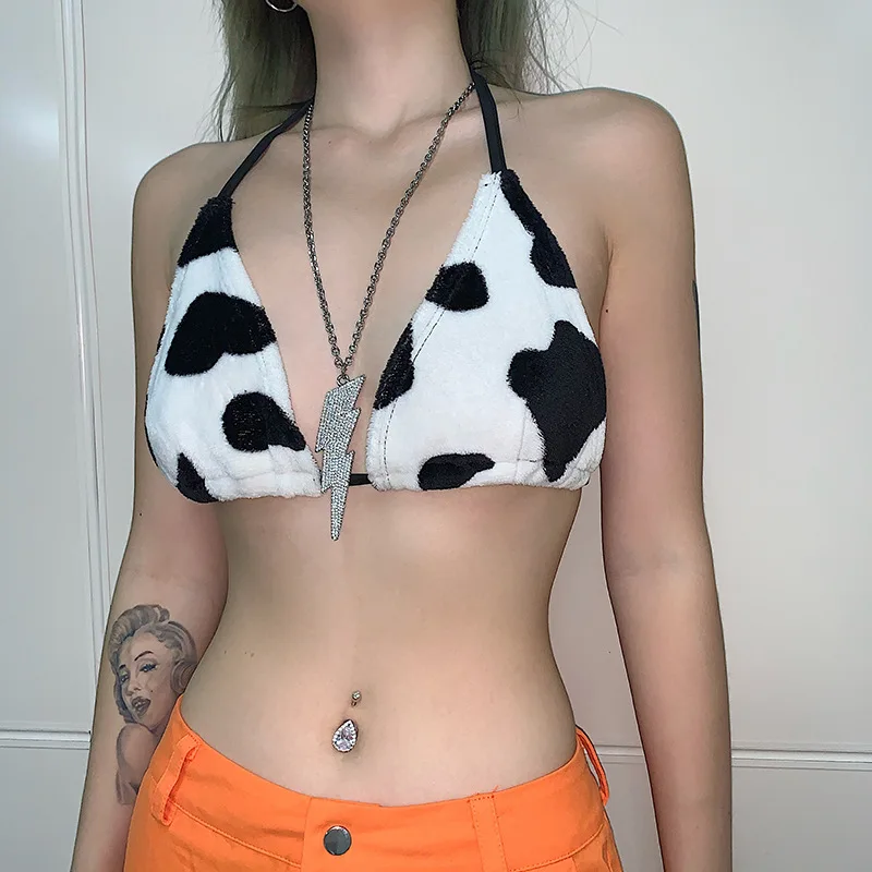 Женский укороченный топ с принтом UIDEAZONE флисовый бандажный лямкой на шее и