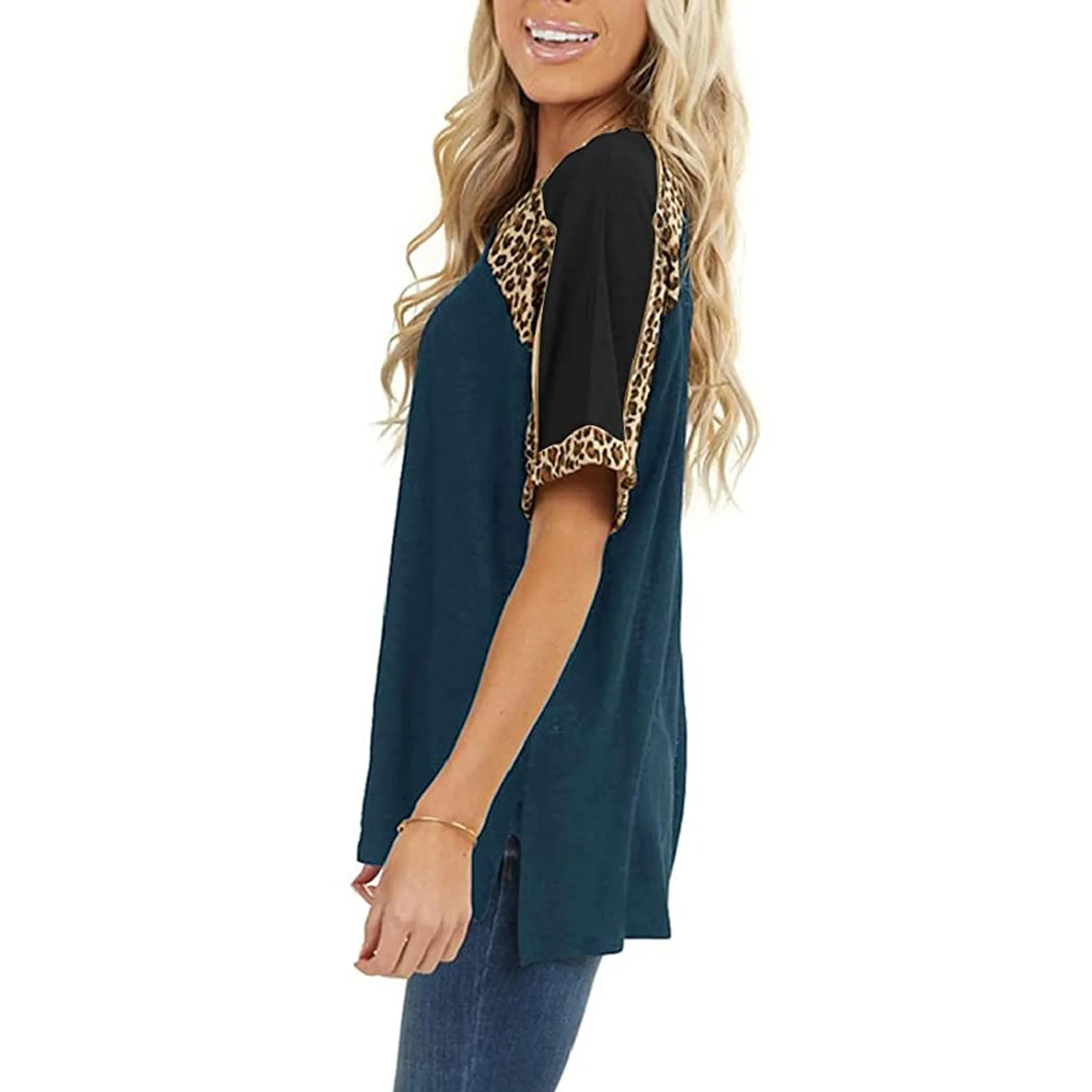 

2021 summer leisure V-neck leopard print color matching short-sleeved pullover women's bottoming shirt T-shirt