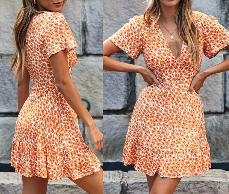 Женское цветочное мини-платье в стиле бохо летнее пляжное платье с коротким