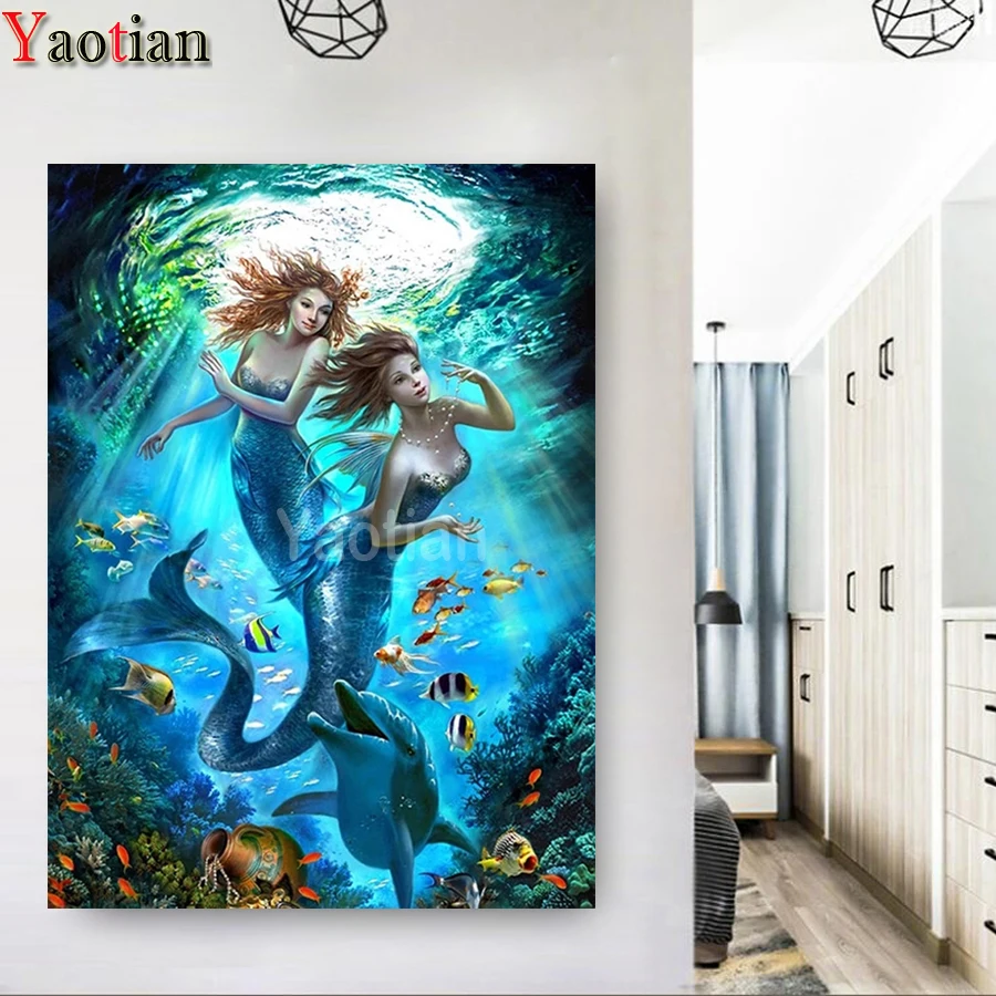 

Полный 5D Diy Алмазная Живопись Вышивка крестом Русалка Дельфин 3D круглая Алмазная мозаика Стразы вышивка домашний декор
