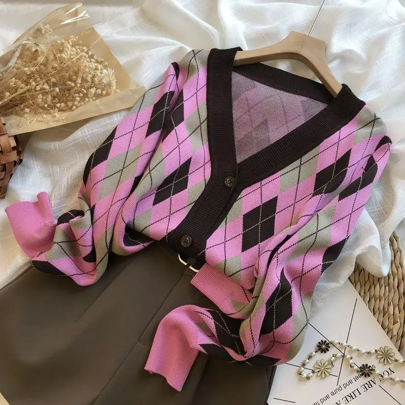 

England College Wind Plaid Female Knitted Cardigans 2021 New Spring Autumn Single Breasted V-neck Long Sleeve Sweater Coat