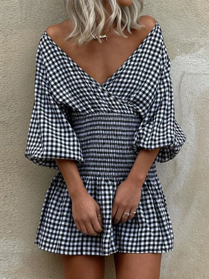 

Women Summer Sexy V-Neck Off Shoulder Dress Elastic Waist Plaid Mini Dress New Vintage Lantern Sleeve Spring Fashion Party Dress