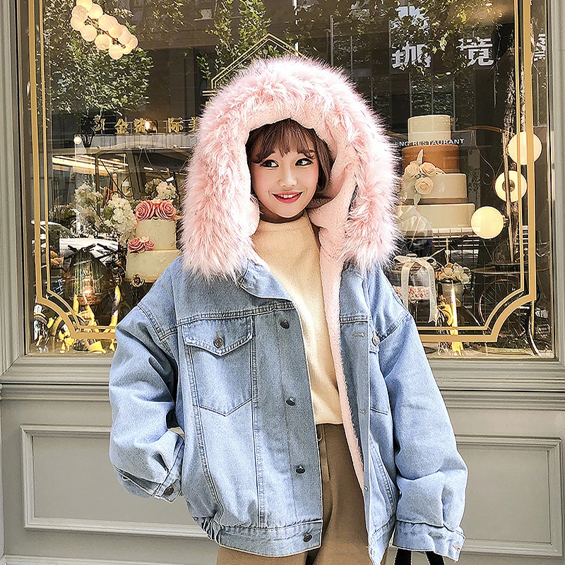 Новинка зимы джинсовая одежда Chaqueta короткая куртка с большим меховым воротником, пальто с искусственным мехом JN902 - Цвет: pink fur