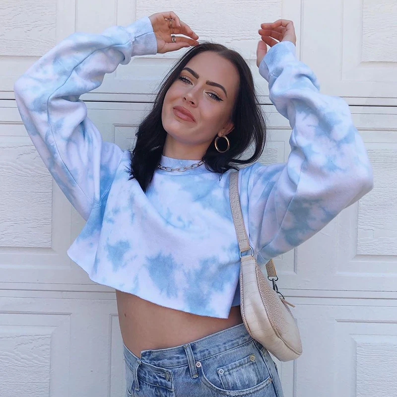 Tie Dye Harajuku Oversized Sweat Crop Top Women Short Sweetshirts 2021 New O-Neck Long Sleeve Pullovers Tracksuit Clothes