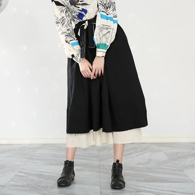 

[EAM] High Elastic Waist Burr Double Layers Black Asymmetrical Half-body Skirt Women Fashion New Spring Autumn 2021 1M9360