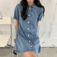 denim women short sleeves 2021 spring summer new denim dress vintage blue button high waist casual clothing women 522h