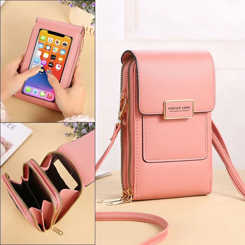 

Vintage Women Touch Screen Mobile Phone Bags Soft Synthetic Leather Messenger Purse Ladies Solid Color Satchels Female Pocket