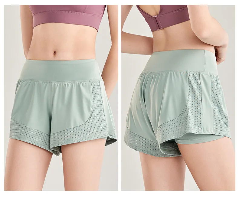 

Fitness Sport Shorts Women High Waist Two-Piece Solid Yoga Shorts Quick Dry Running Gym Exercise Loose Stretch Short Leggings