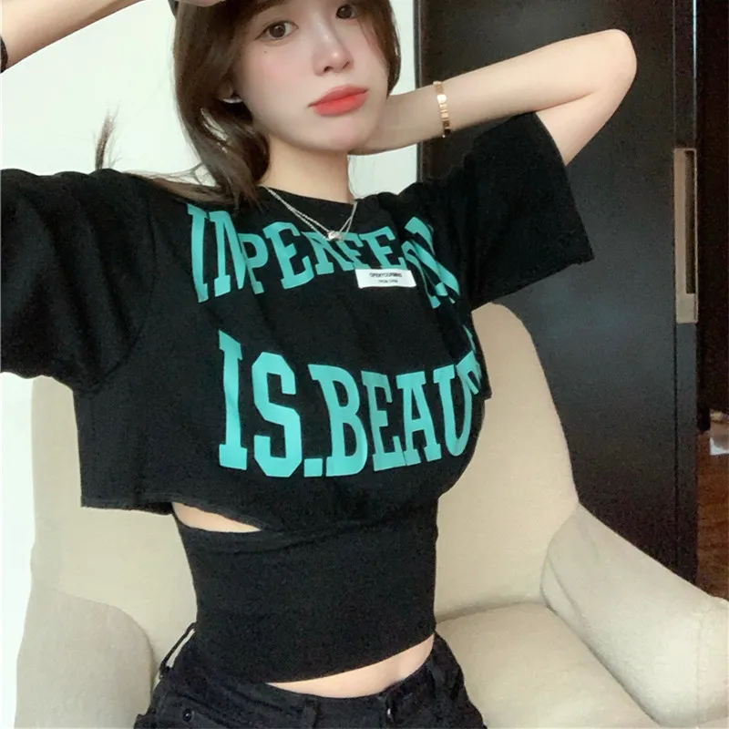 

Women's Thin Short Sleeve T Shirt Summer 2021 Round Neck Slimming Casual Shirt Top Female Loose Waist Hollow Out Short Top