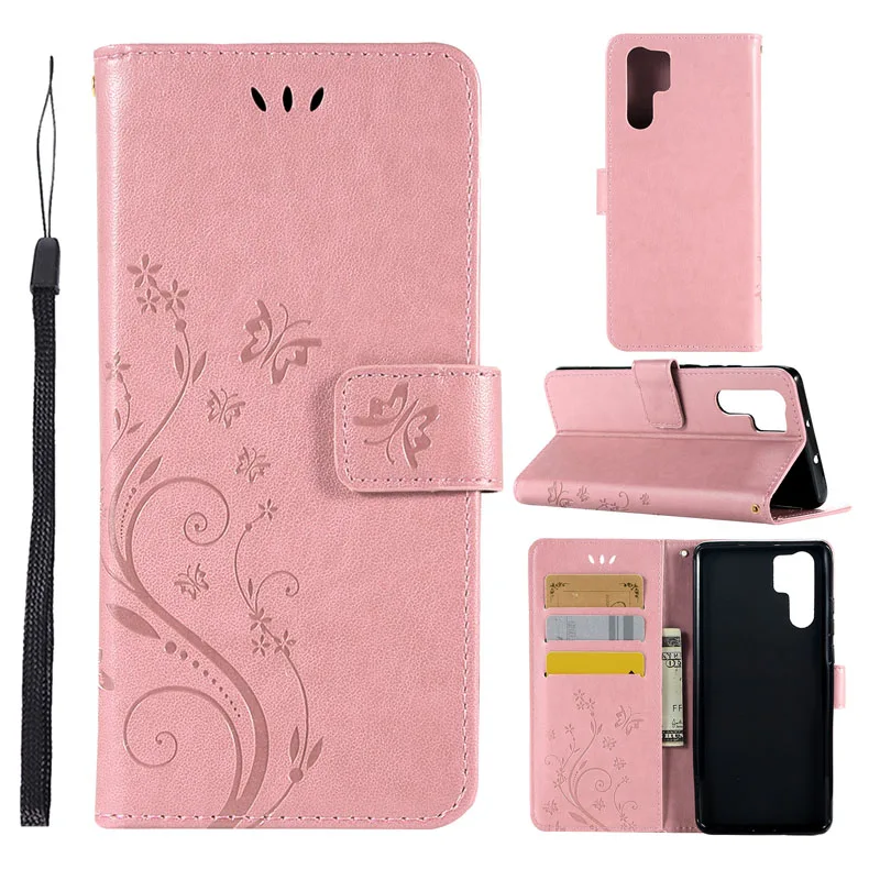 Pink Чехол из искусственной кожи с бабочкой для huawei p20 lite y6 Y7prime откидной клапан с ремешком для Honor P30 Pro Nova4 10Lite 8X 8C y9 - Цвет: Pink