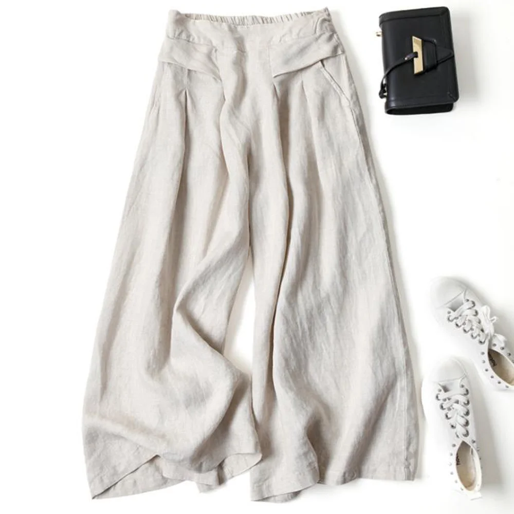 Брюки женские хлопково льняные с широкими штанинами повседневные модные
